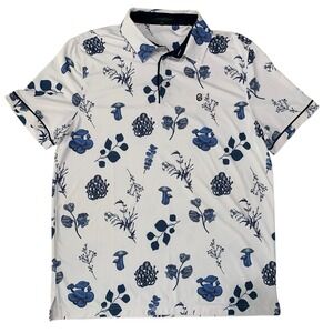 Extracurricular Golf Polo Shirt Mens Medium White Blue Botanical Print Stretch
